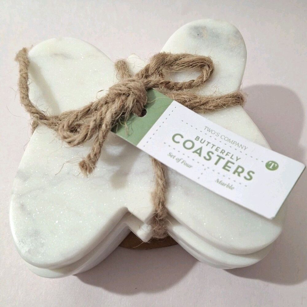 Twos Company Butterfly White Marble Coasters Set Of 4